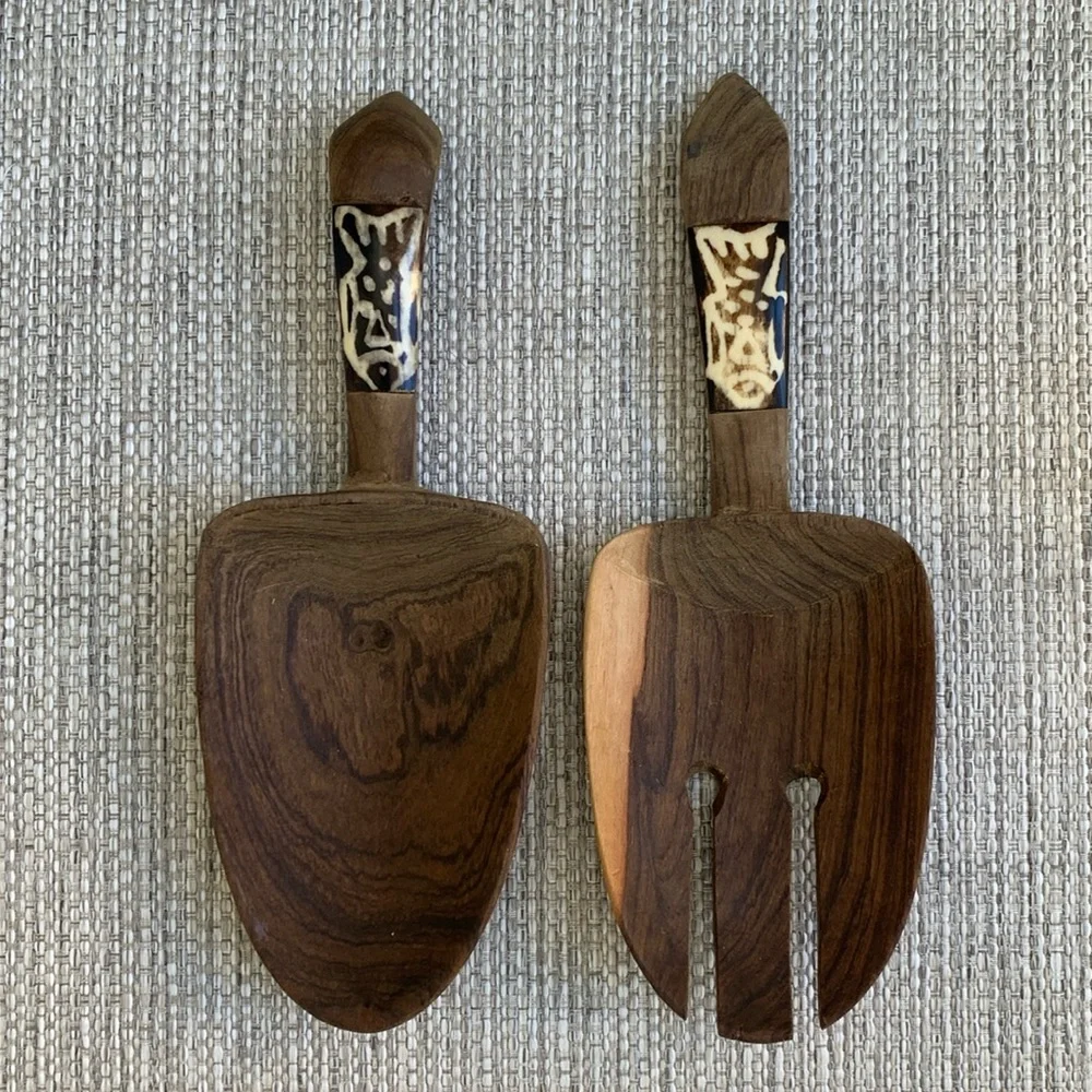 Vintage Wood Salad Servers with Fish Design Accents